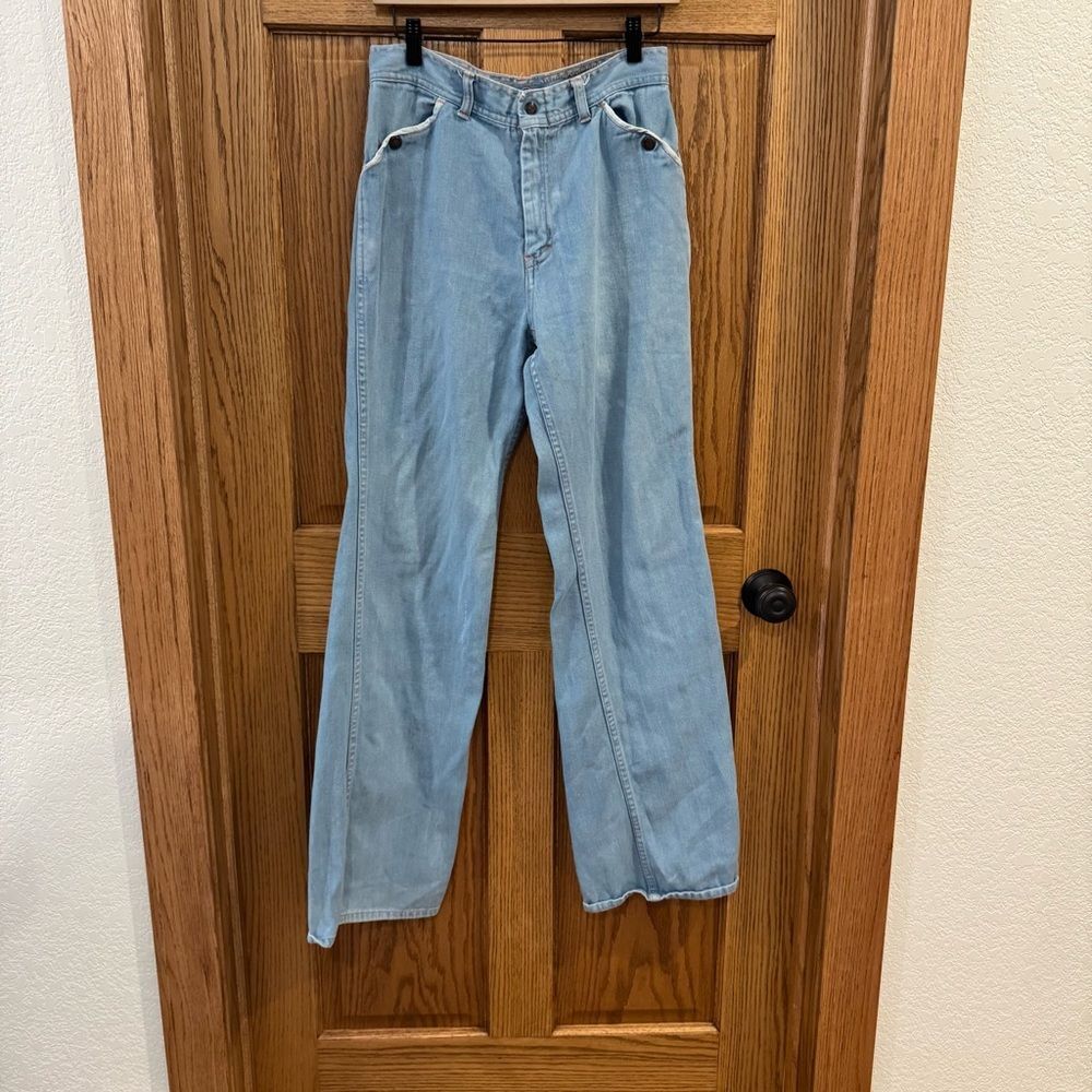 Vintage 1970s High Rise Wide Leg Jeans. Light stone wash. ~size 4